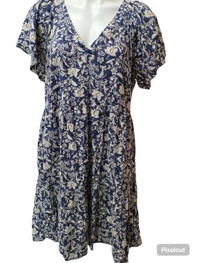 Old Navy Rayon Blue and Cream Floral V-Neck Tiered Dress